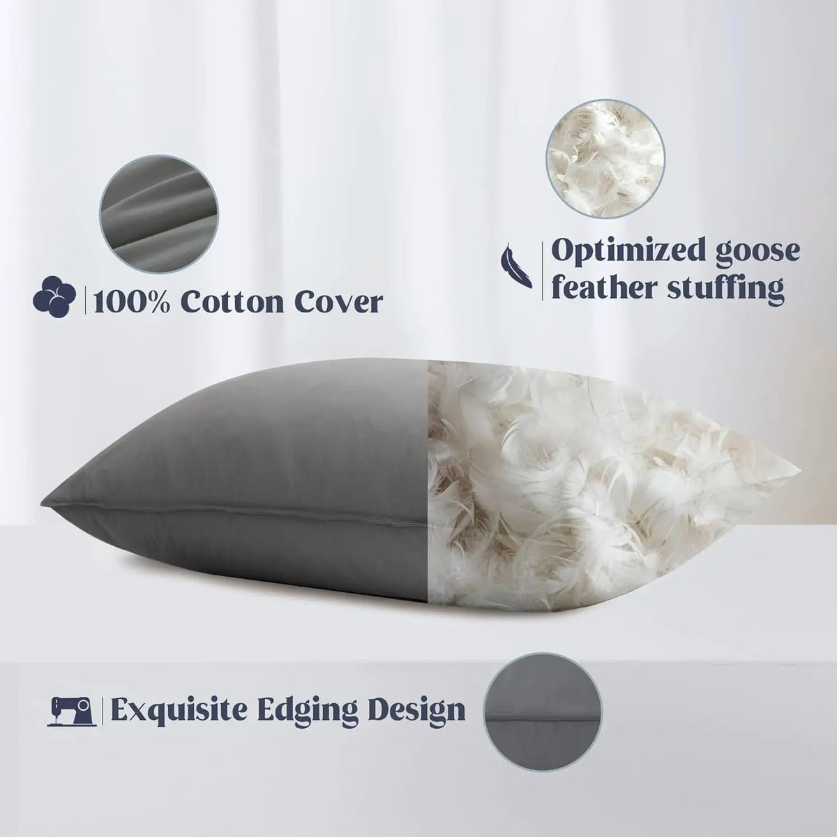 Duck Feather Pillow with Cotton Downproof Cover, Grey Neck Support